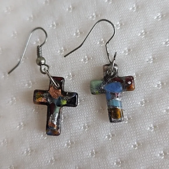 Vintage Glasswork Cross Pendant and Earring Set - Picture 5 of 7